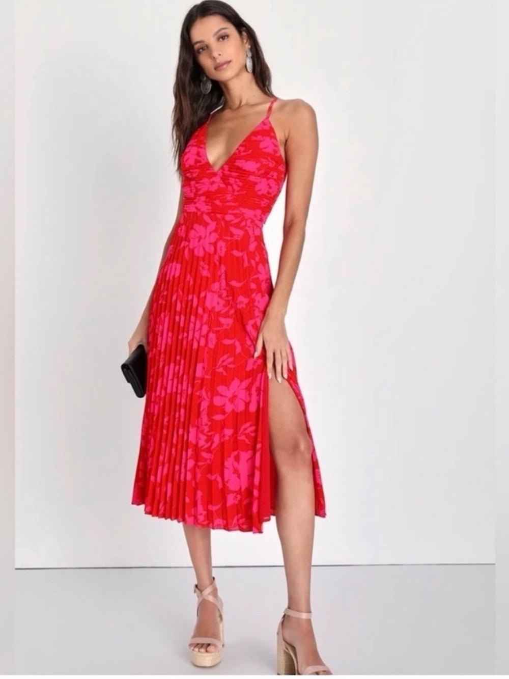 Lulus NWT  Vibrant Moment Red and Pink Floral Pleated Lace-Up Midi Dress
